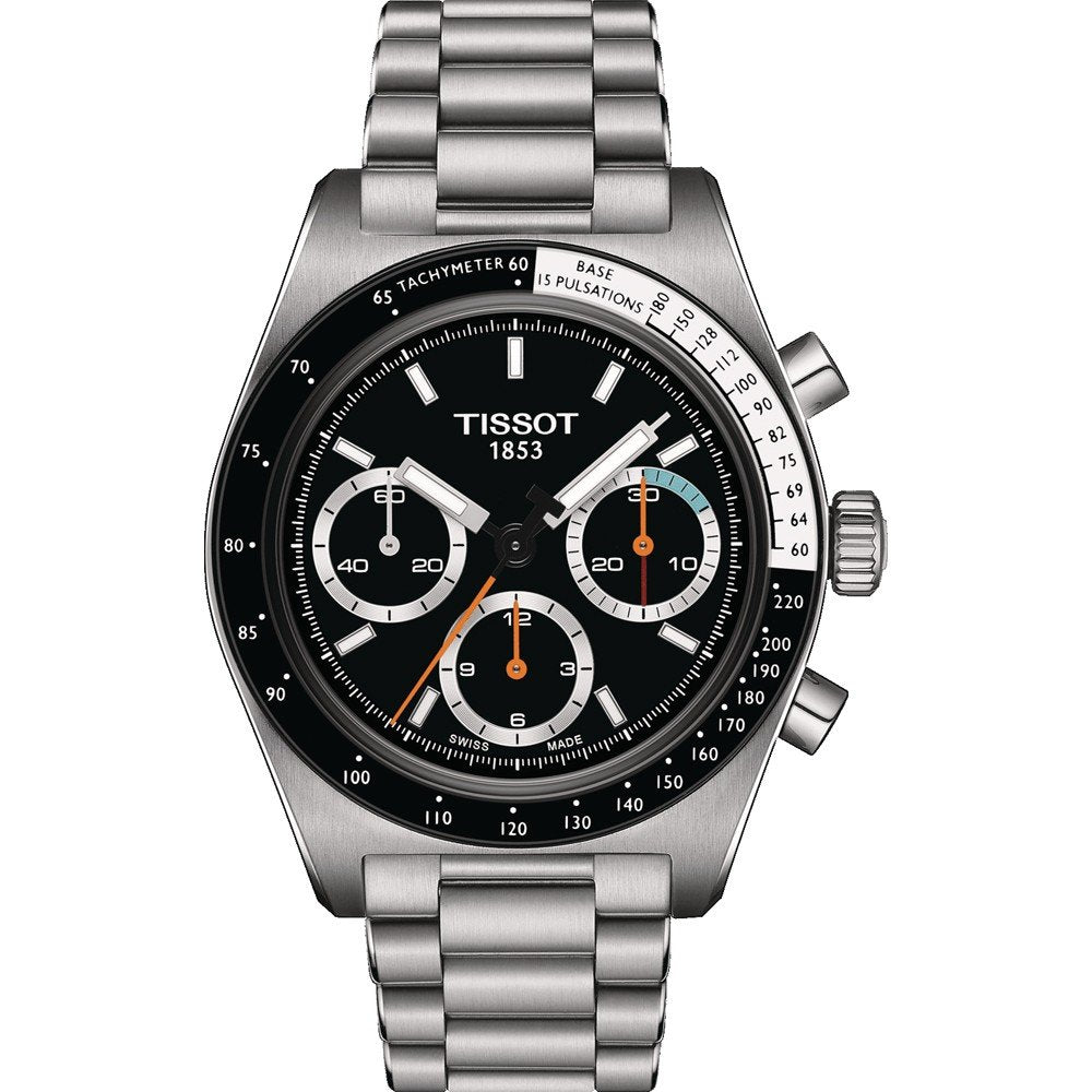Orologio meccanico cronografo Tissot PR516 con cassa in acciaio inox, quadrante nero e cinturino a maglia.