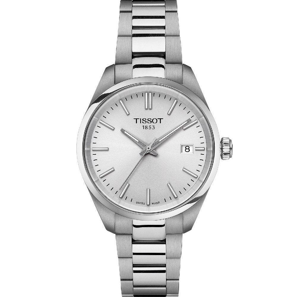 Orologio Tissot PR 100 con cassa in acciaio inox, quadrante argentato e cinturino a maglia rolò.