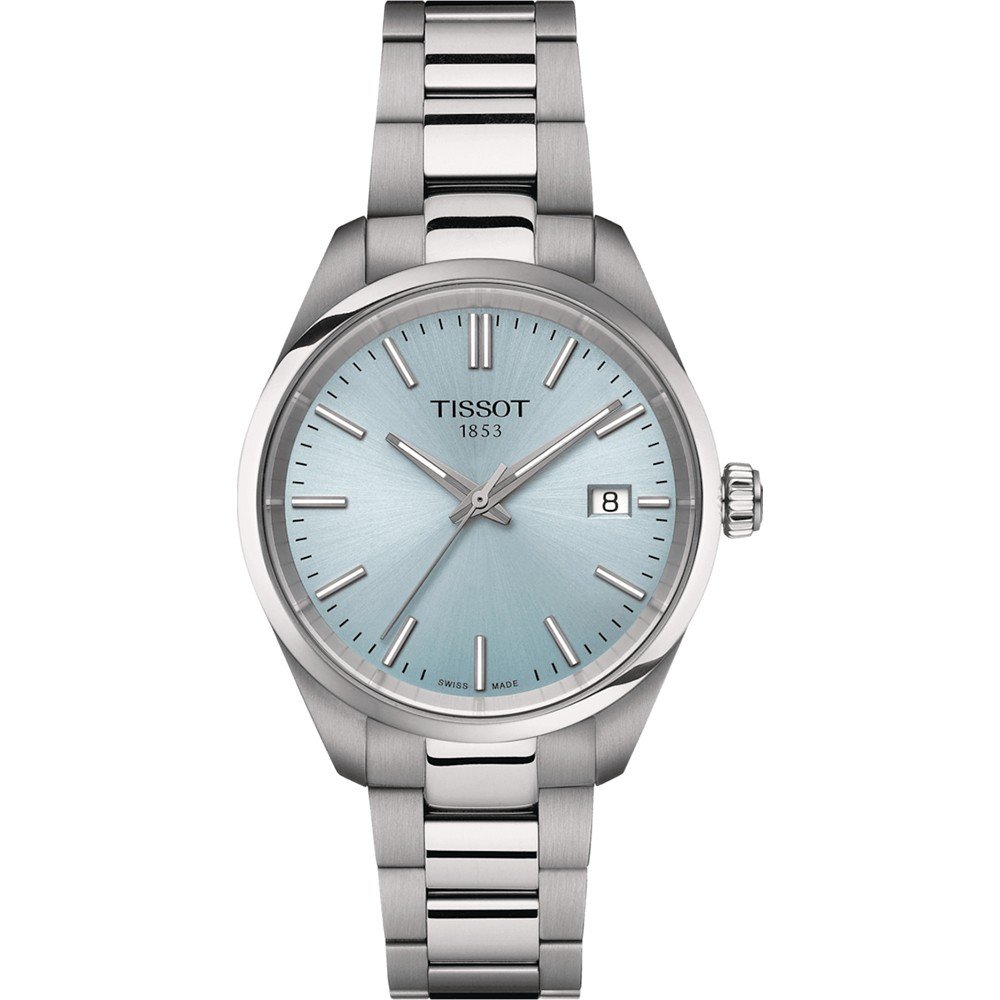 Orologio Tissot PR 100 con cassa in acciaio inox, quadrante azzurro e bracciale a maglia rolò.