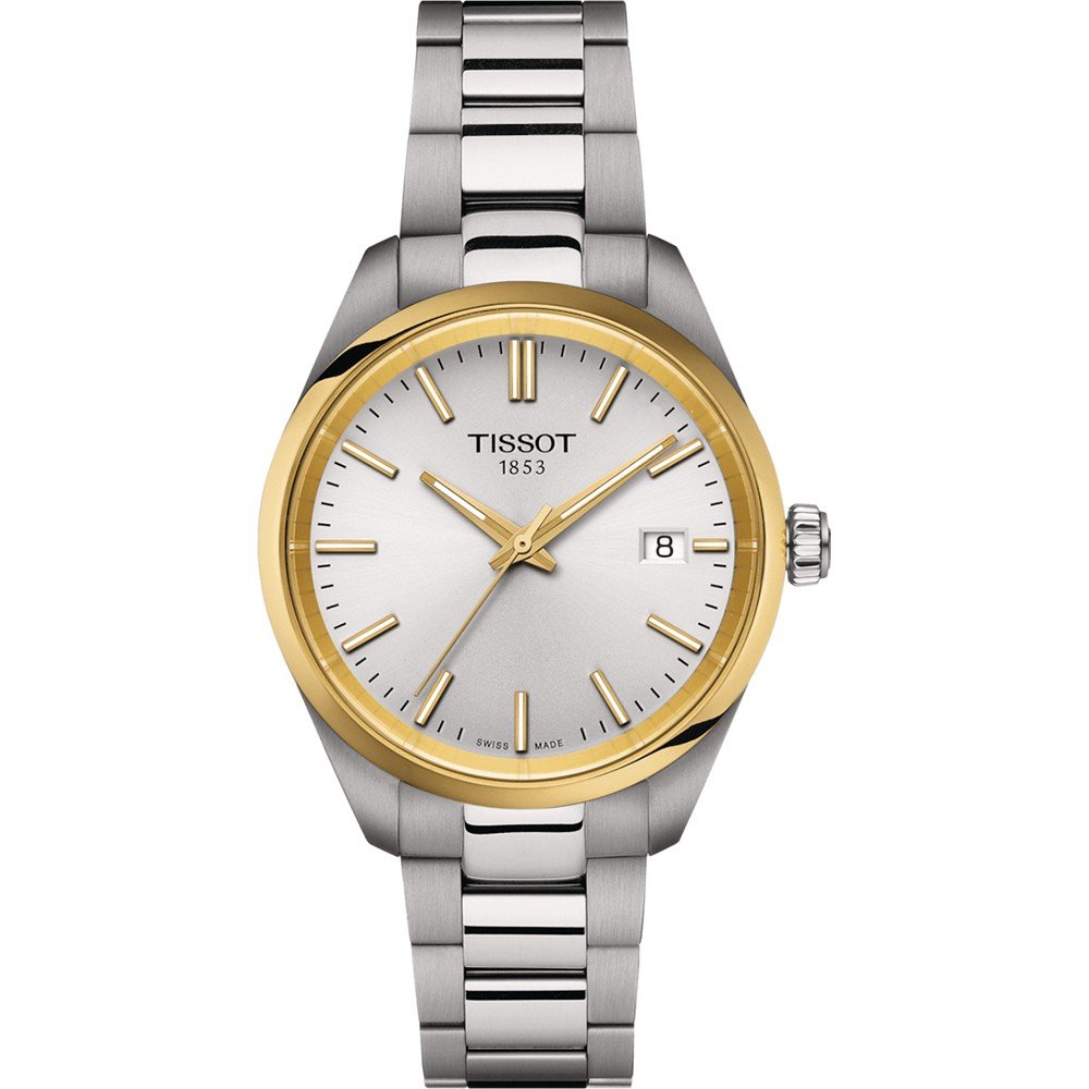 Orologio Tissot PR 100 con cassa in acciaio inox e dettagli dorati, quadrante argentato e bracciale a maglia rolò.