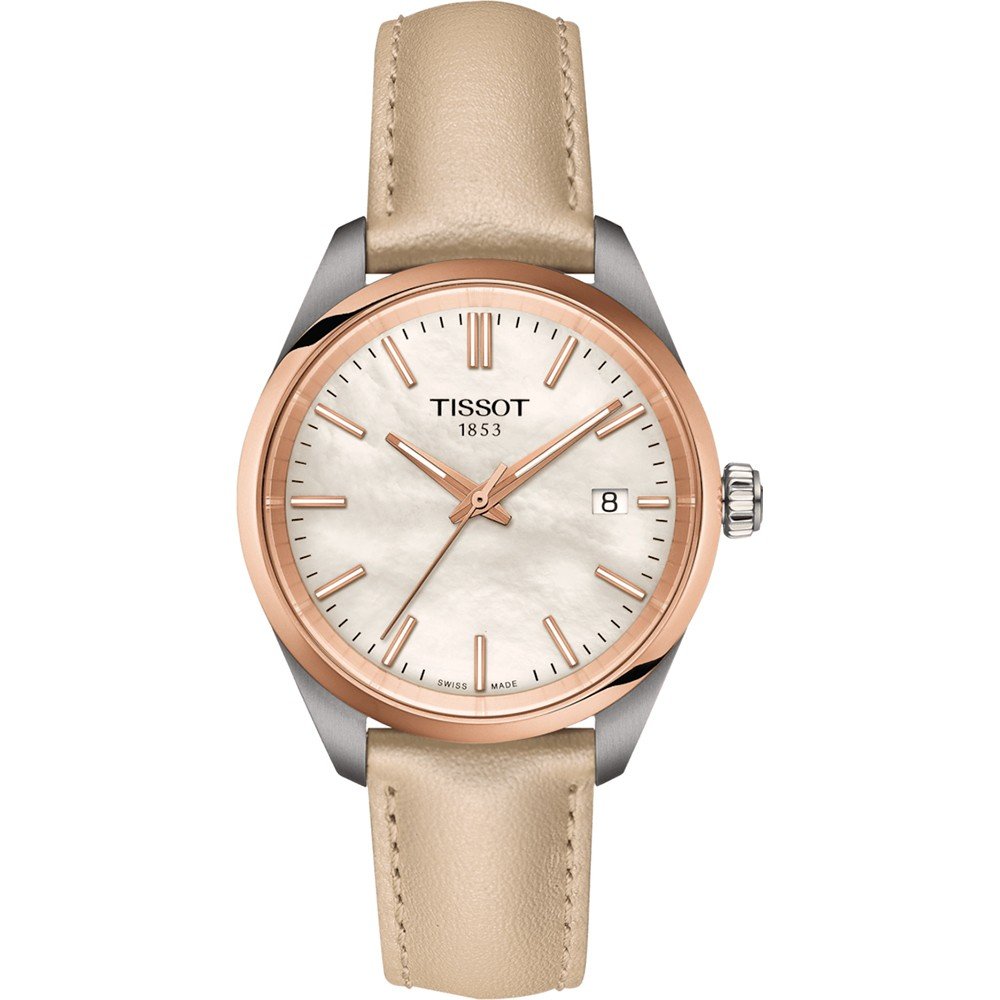 Orologio Tissot PR 100 con cassa in acciaio e oro rosa, quadrante madreperla e cinturino beige.