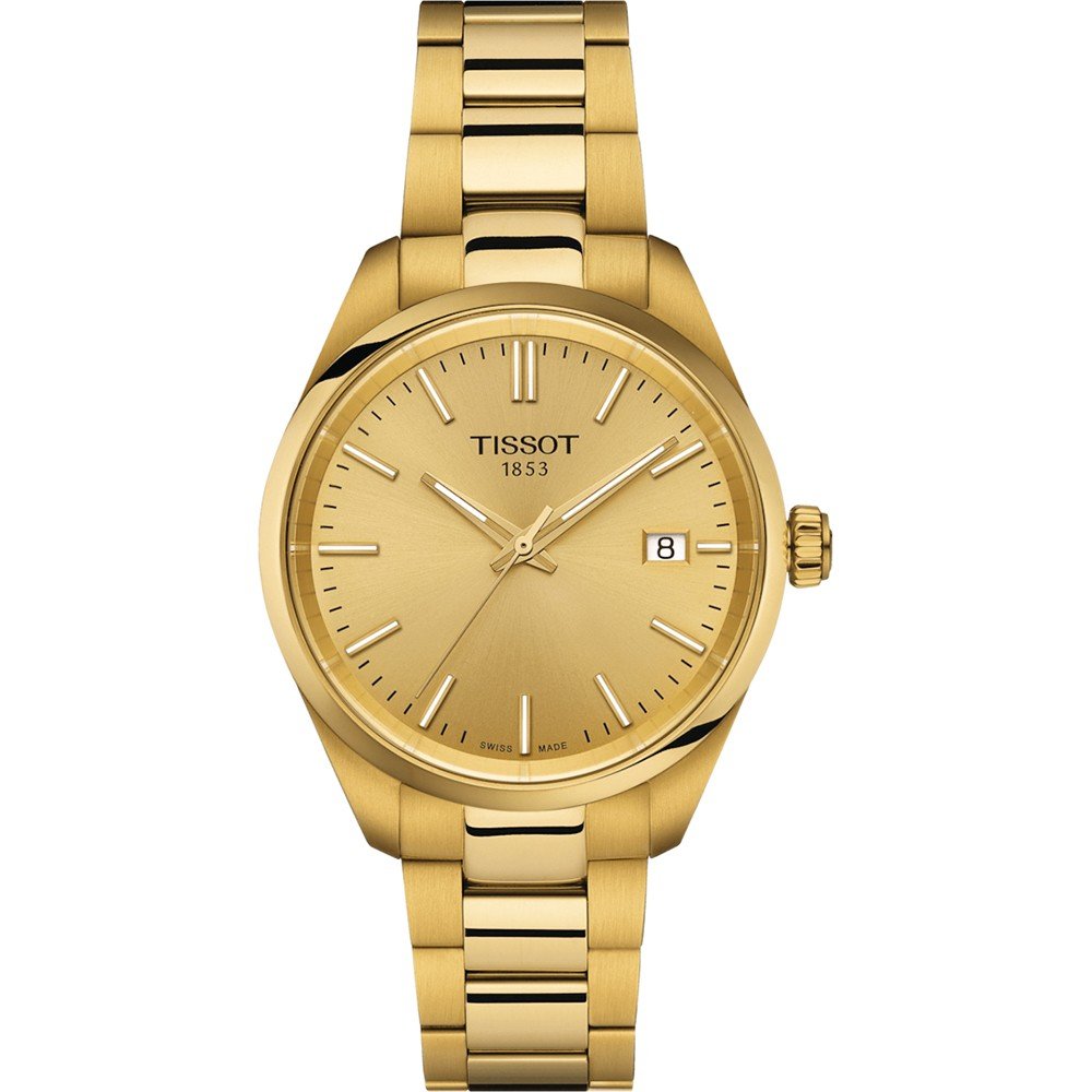 Orologio Tissot PR 100 con cassa dorata di 34 mm e cinturino in acciaio dorato, quadrante dorato con indici.