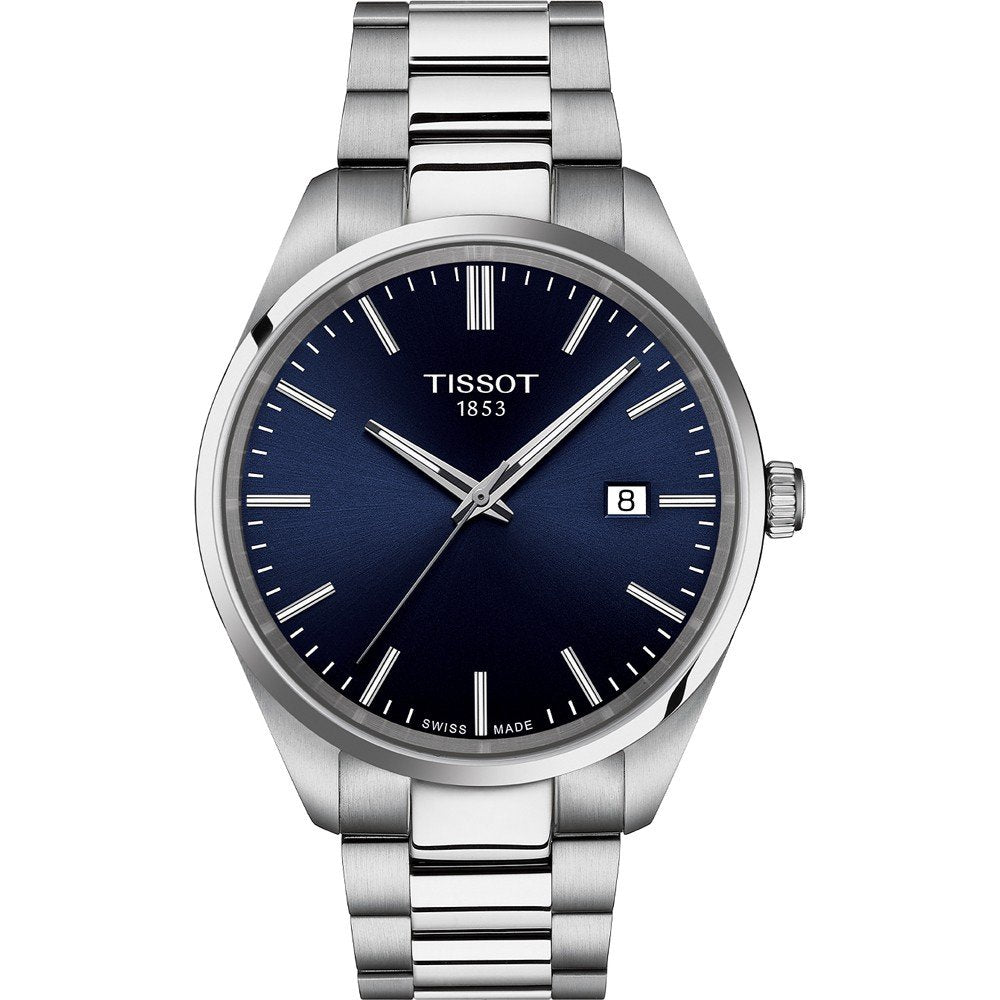 Orologio Tissot PR 100 con cassa in acciaio inox, quadrante blu e bracciale a maglia rolò.