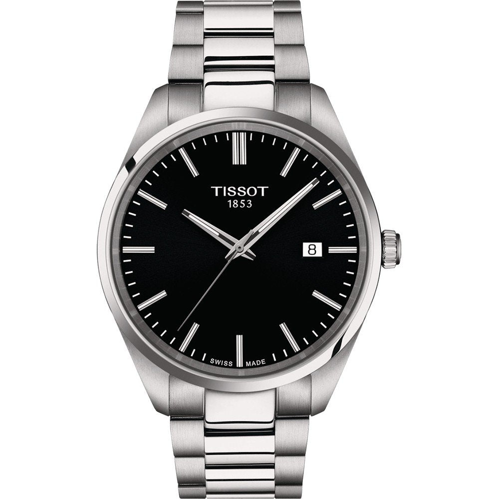 Orologio Tissot PR 100 con cassa in acciaio inox, quadrante nero e bracciale a maglia rolò.