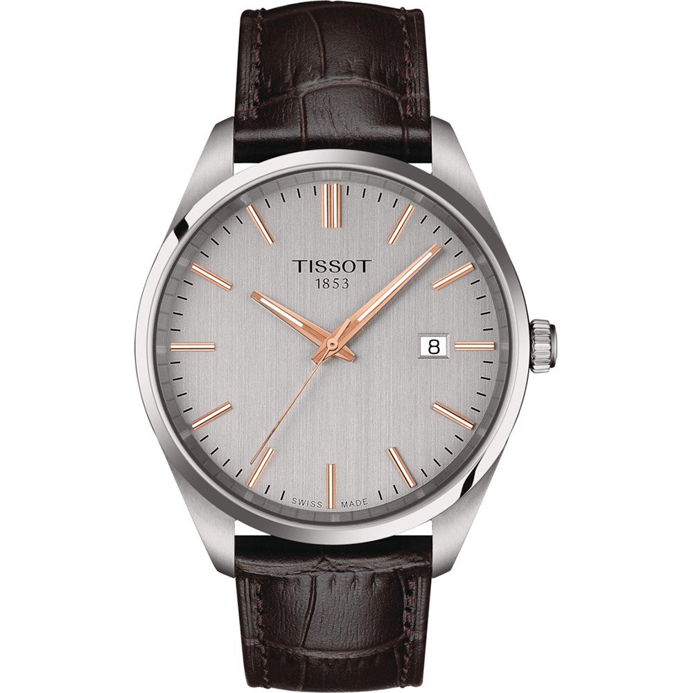 Orologio Tissot PR 100 con cassa in acciaio inox, quadrante grigio e cinturino in pelle marrone.