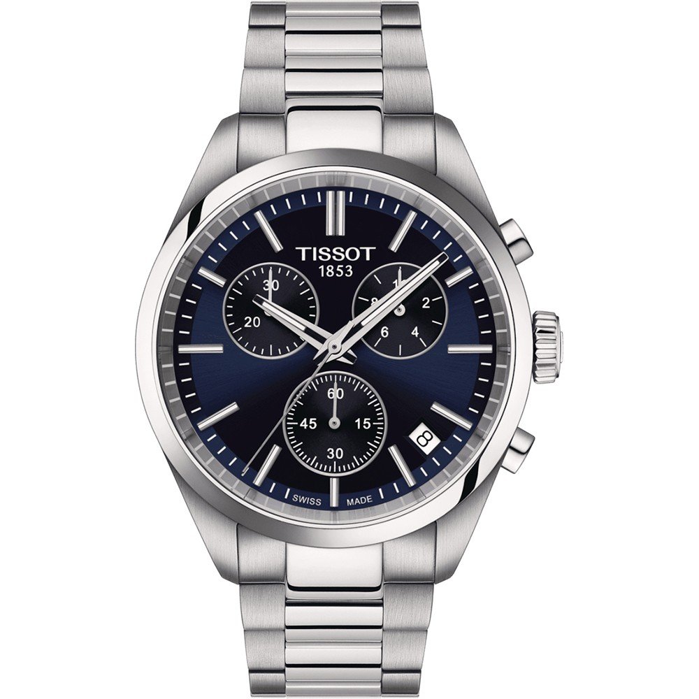 Orologio Tissot PR 100 Chronograph con cassa in acciaio inox, quadrante blu e bracciale a maglia rolò.