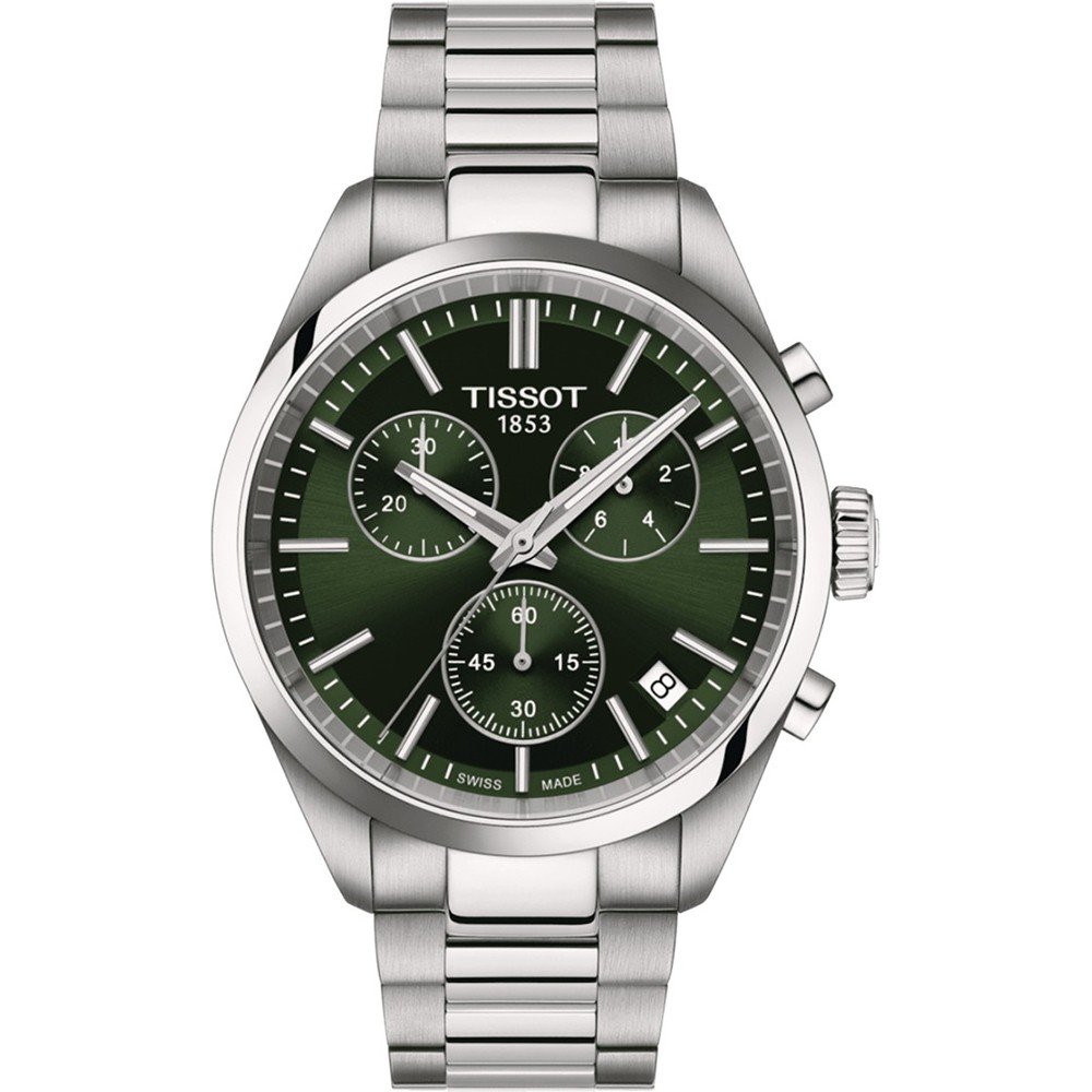 Orologio Tissot PR 100 Chronograph con quadrante verde, cassa in acciaio inox e bracciale a maglia rolò.