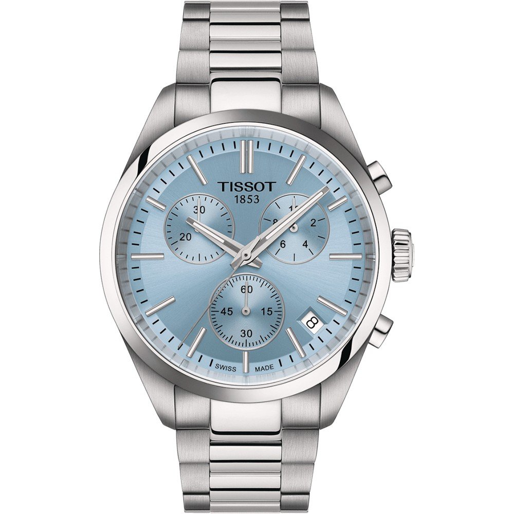 Orologio Tissot PR 100 Chronograph con cassa in acciaio inox, quadrante blu chiaro e bracciale in acciaio.