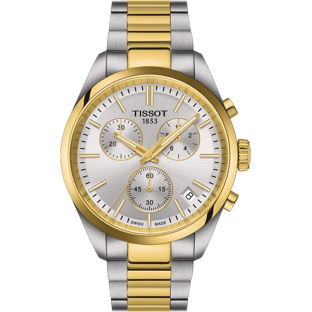 Orologio Tissot PR 100 Chronograph con cassa in acciaio inossidabile e oro, quadrante argentato e bracciale a maglia rolò.