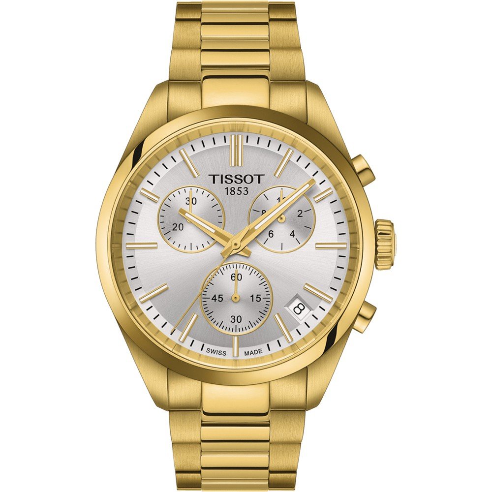 Orologio Tissot PR 100 Chronograph con cassa dorata, quadrante argentato e bracciale in acciaio.