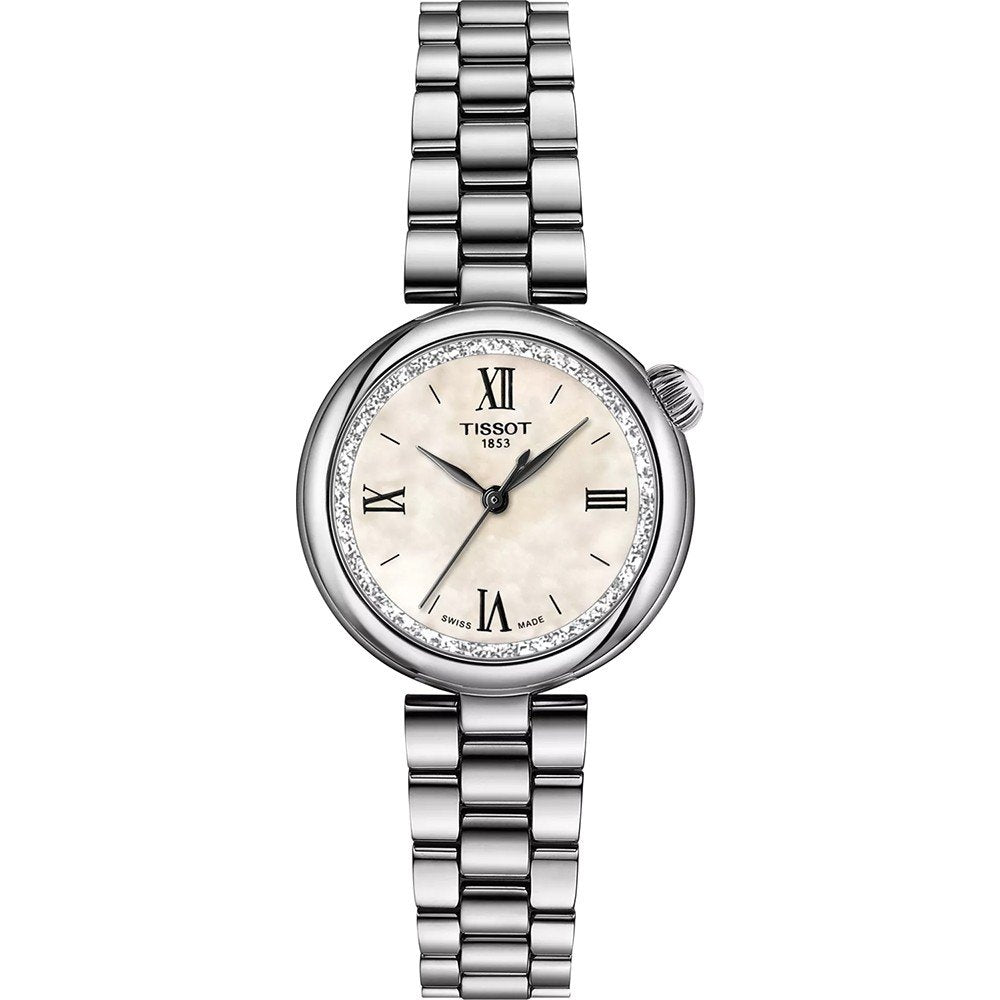 Orologio Tissot Desir con cassa rotonda in acciaio inox, quadrante chiaro e dettagli in cristallo.