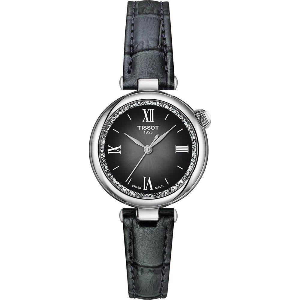 Orologio Tissot Desir con cassa argentata, quadrante nero e cinturino in pelle nera.