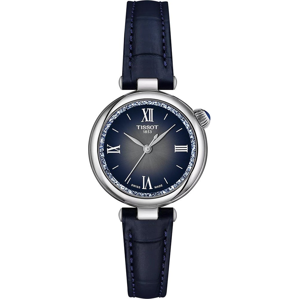 Orologio Tissot Desir con cassa argentata, quadrante blu e cinturino in pelle blu.