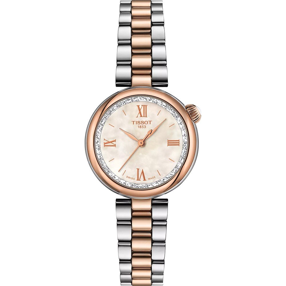 Orologio Tissot Desir con cassa rotonda in acciaio e oro rosa, quadrante chiaro con numeri romani e brillante.
