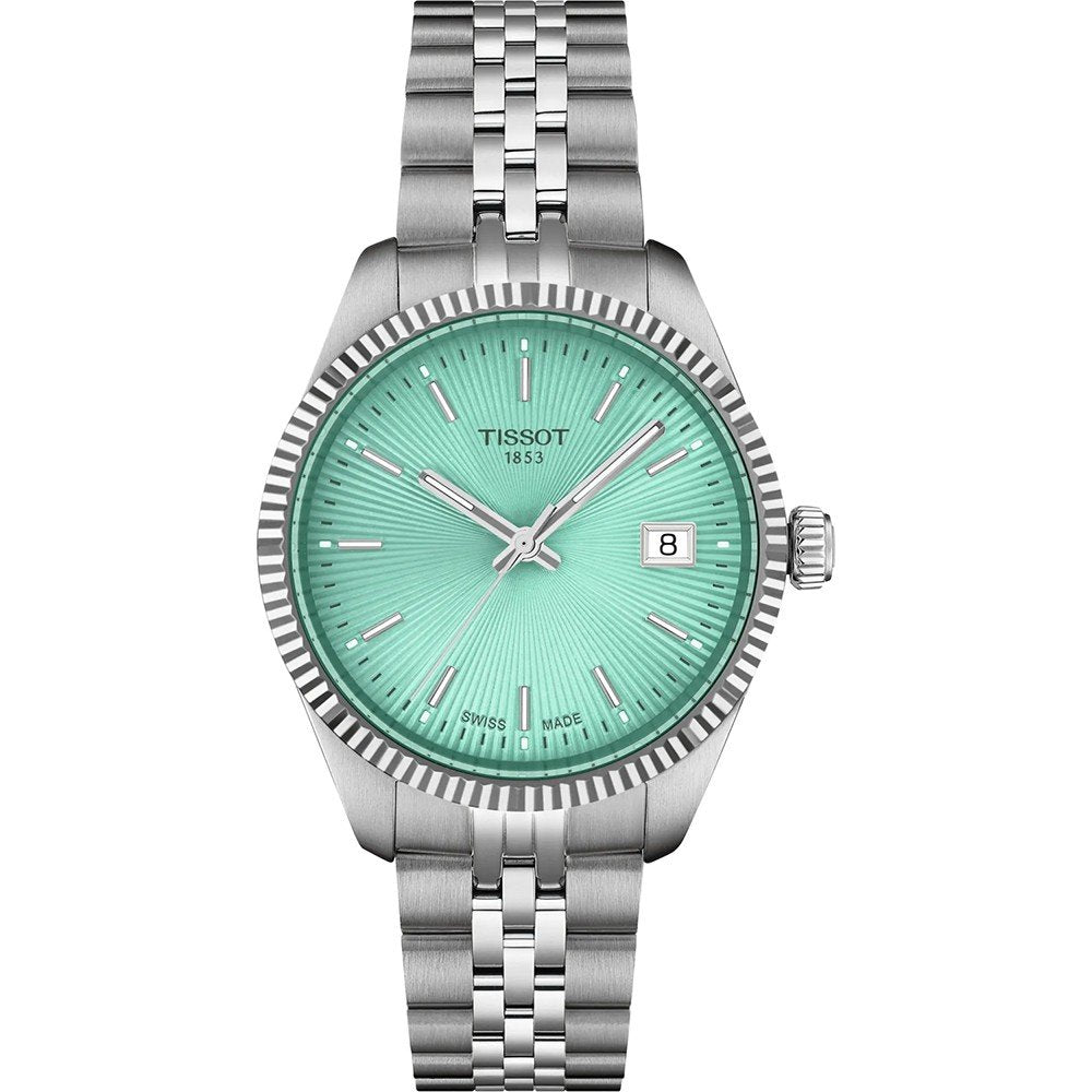 Orologio Tissot con cassa in acciaio inox da 34 mm, quadrante verde acqua e bracciale a maglia rolò.