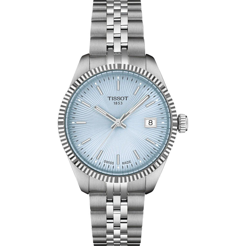 Orologio Tissot con cassa in acciaio inox, quadrante azzurro e bracciale a maglia rolò.