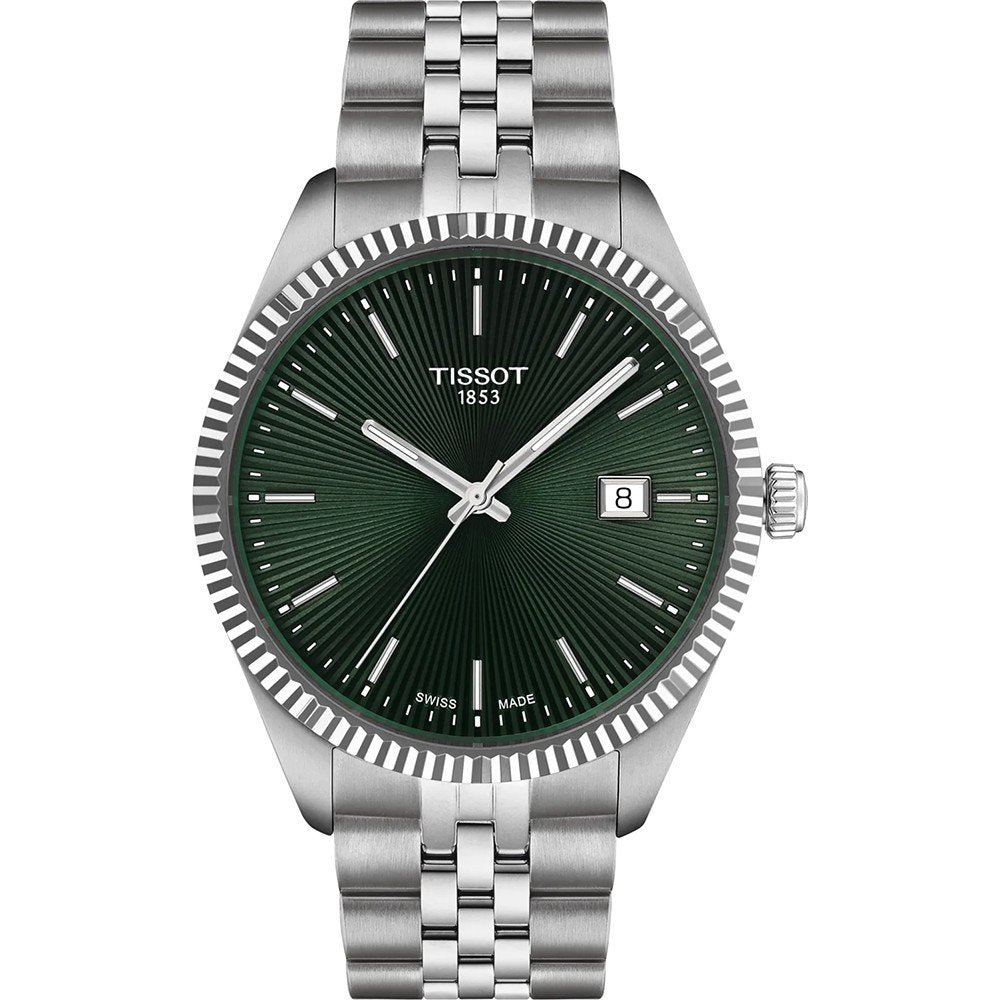 Orologio Tissot Ballade da 40 mm con quadrante verde e cassa in acciaio inox, bracciale a maglia rolò e datario.