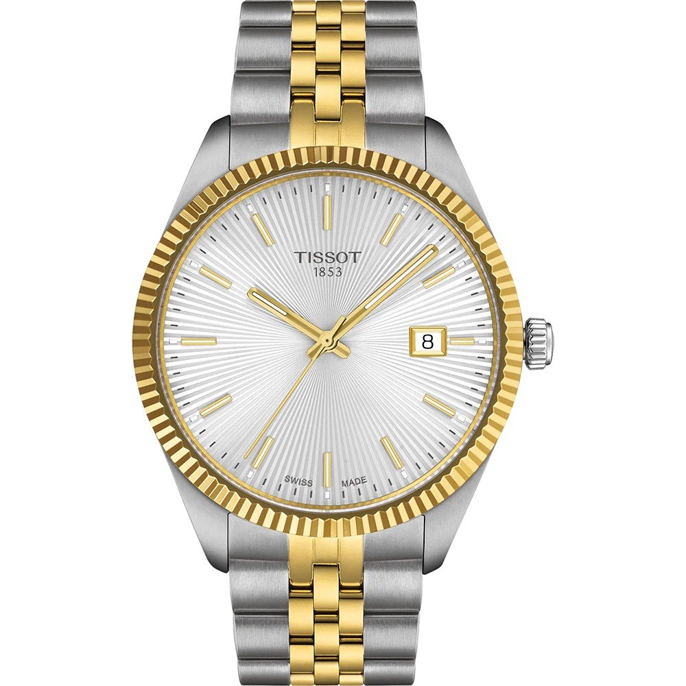 Orologio Tissot con cassa argentata di 40 mm, quadrante argentato con dettagli dorati e bracciale bicolore.