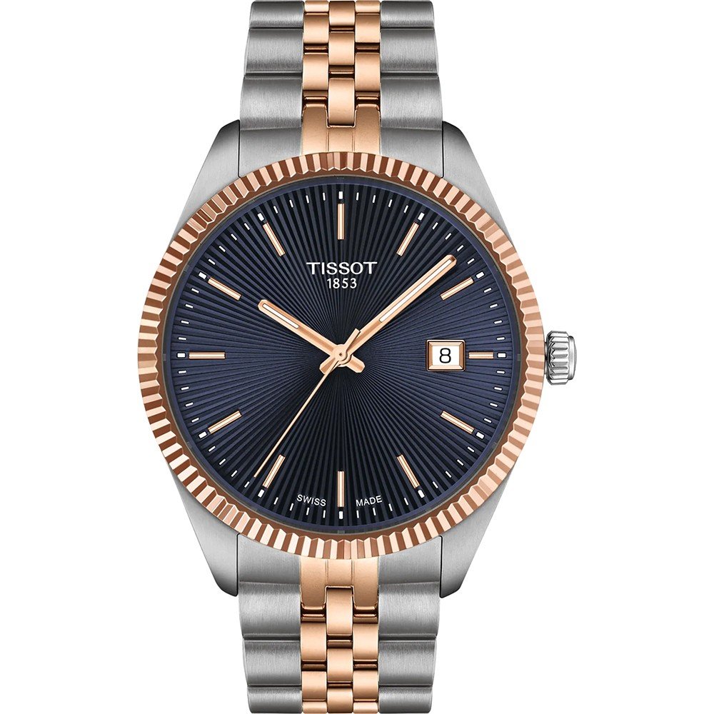 Orologio Tissot con cassa in acciaio, quadrante blu e bracciale bicolore in acciaio e oro rosa.
