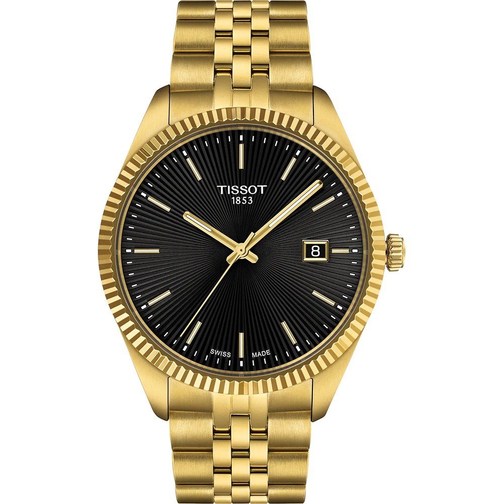 Orologio Tissot con cassa dorata di 40 mm, quadrante nero e bracciale a maglia rolò.