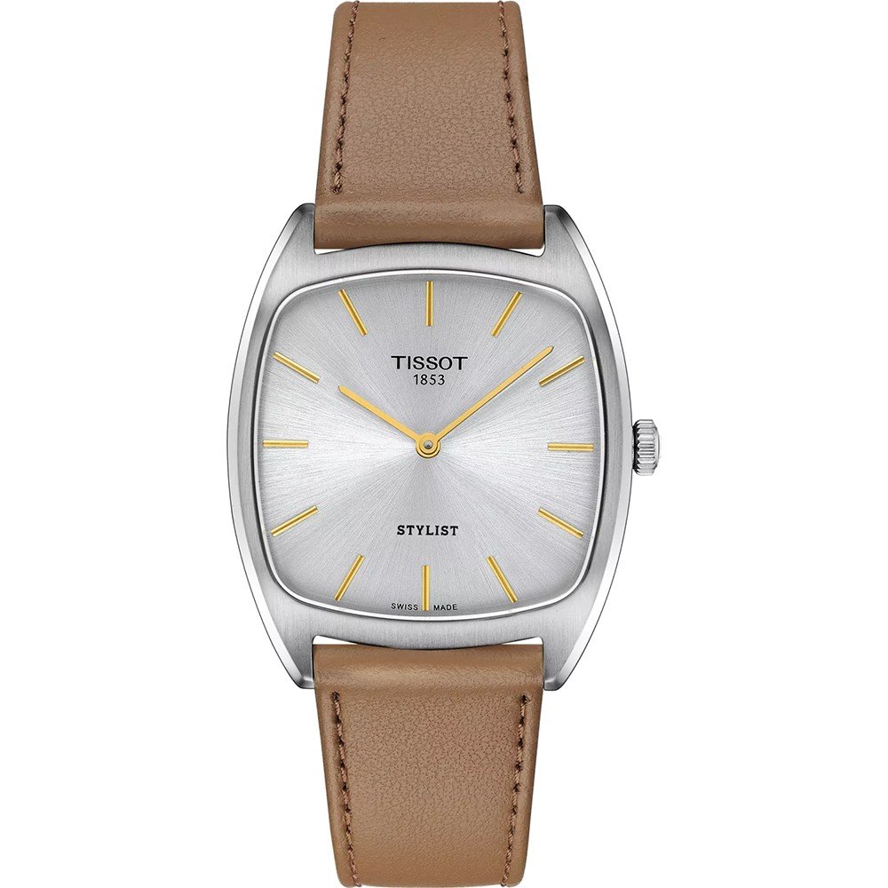 Orologio Tissot Stylist con cassa quadrata argentata, quadrante chiaro e cinturino in pelle marrone.