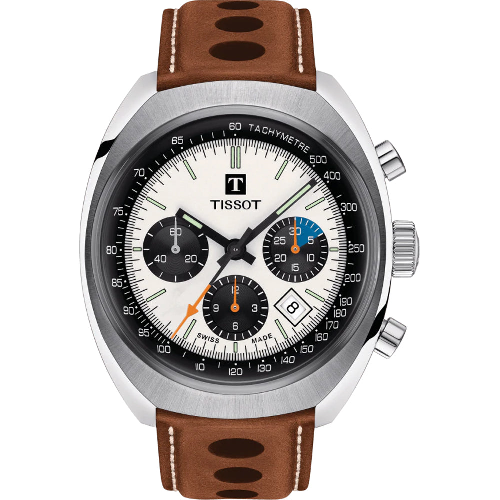 Orologio Tissot Heritage 1973 con cassa in acciaio, quadrante bianco e cinturino in pelle marrone.