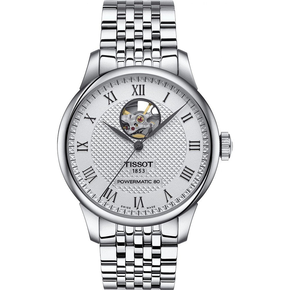 Orologio Tissot Le Locle Powermatic 80 con cassa argentata, quadrante bianco e movimento a vista.