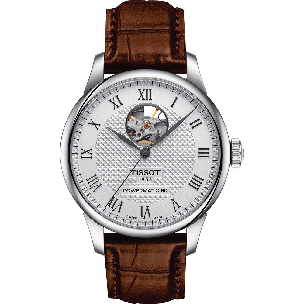 Orologio Tissot Le Locle con cassa in acciaio inox, quadrante argentato con motivo guilloché e cuore aperto, cinturino in pelle marrone.