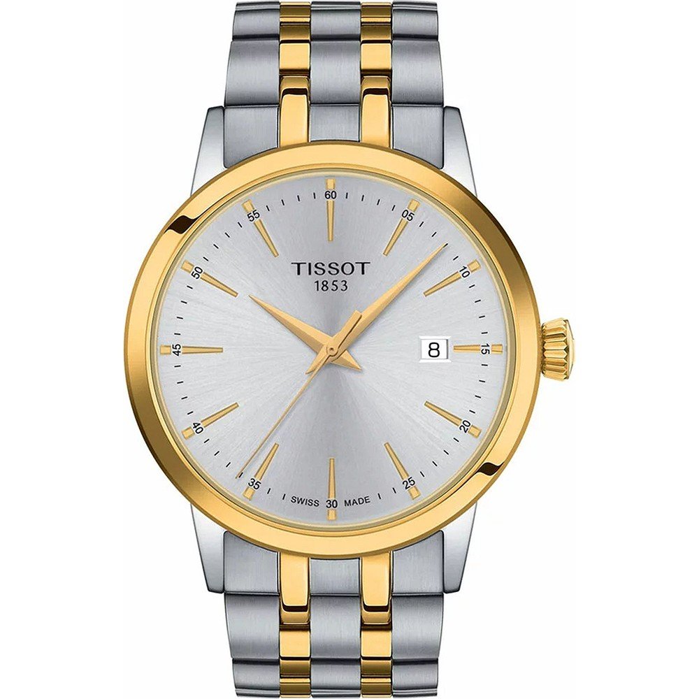 Orologio Tissot Classic Dream con cassa argentata e dettagli dorati, quadrante argentato e bracciale in acciaio bicolore.