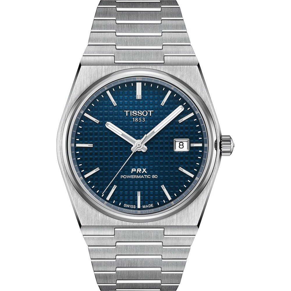 Orologio Tissot PRX Powermatic 80 con cassa in acciaio inox, quadrante blu con motivo a nido d'ape e bracciale integrato.