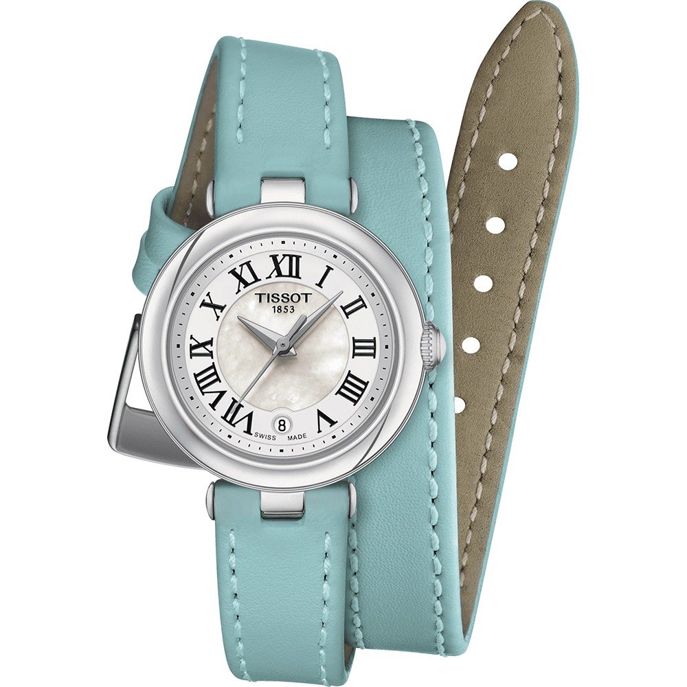 Orologio Tissot Bellissima con quadrante argentato, cinturino in pelle azzurro a doppio giro.