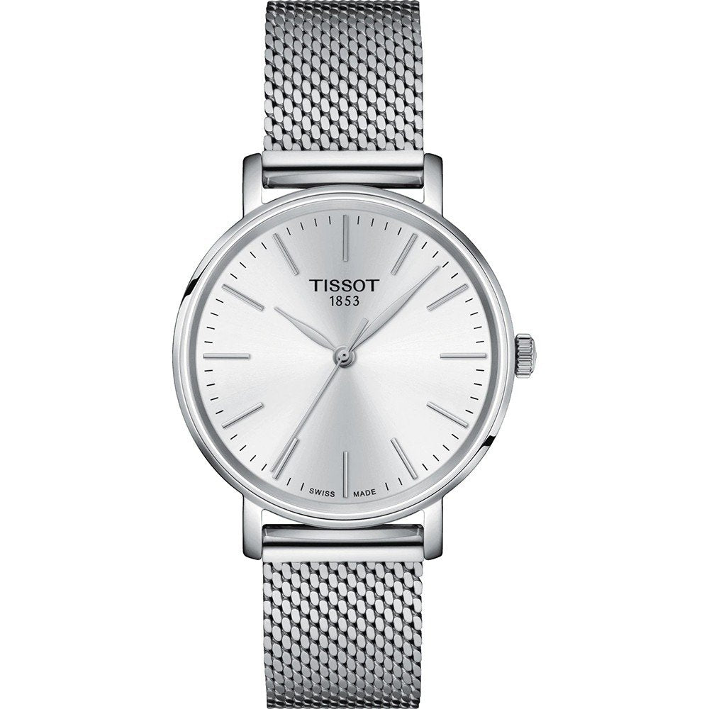 Orologio Tissot Everytime con cassa argentata di 34 mm e cinturino in maglia rolò.