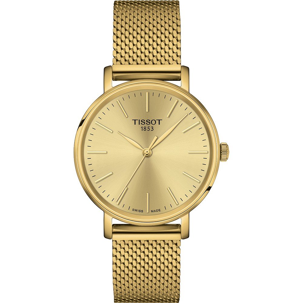 Orologio Tissot Everytime con cassa dorata di 34 mm e cinturino in maglia rolò dorata.