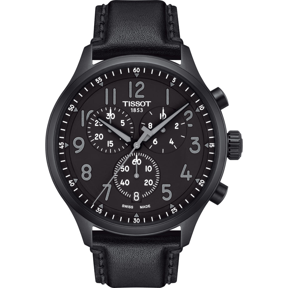 Orologio Tissot Chrono XL Vintage con cassa nera e cinturino in pelle nera, quadrante scuro con dettagli bianchi.