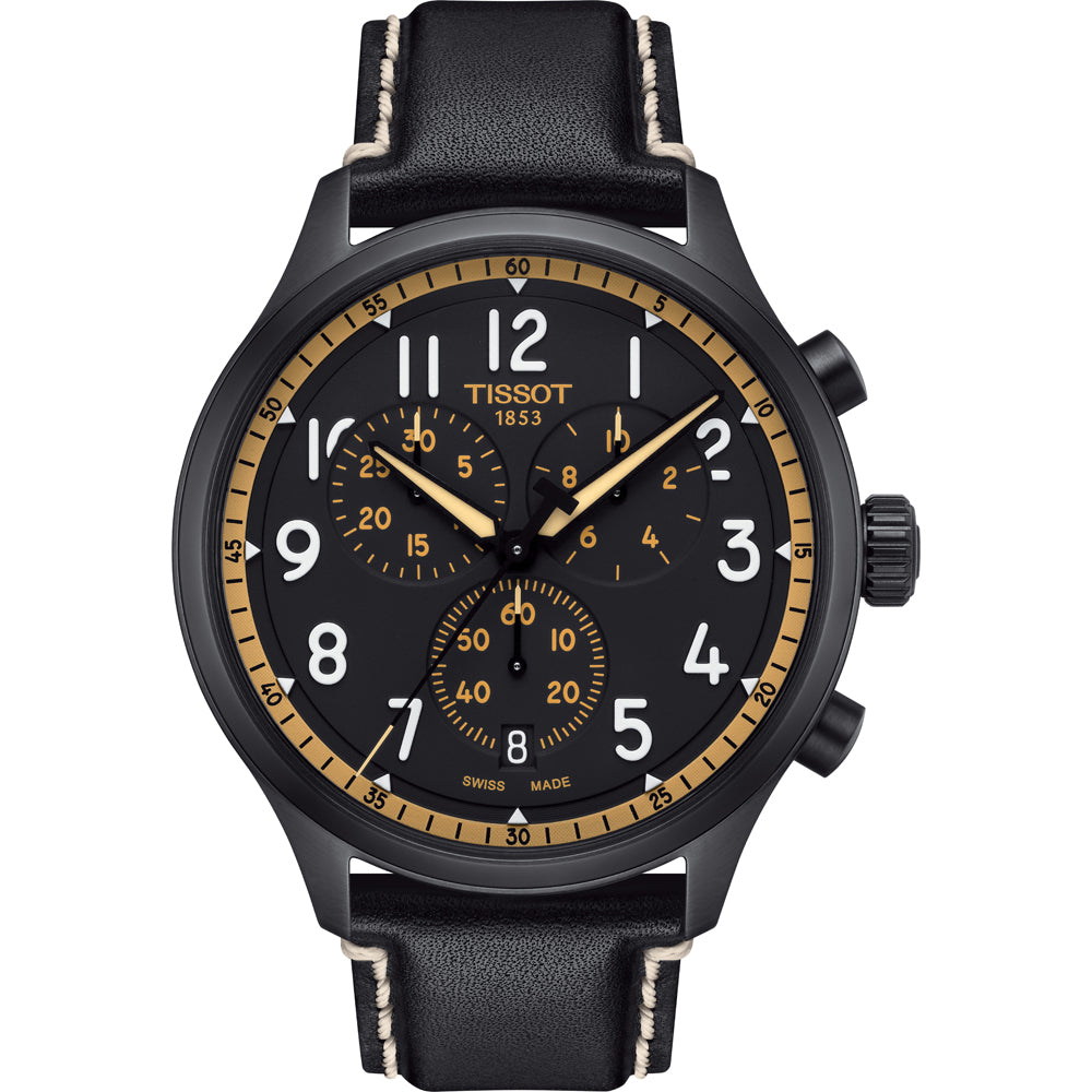 Orologio Tissot Chrono XL Vintage con cassa nera, quadrante nero e dettagli dorati, cinturino in pelle nera.