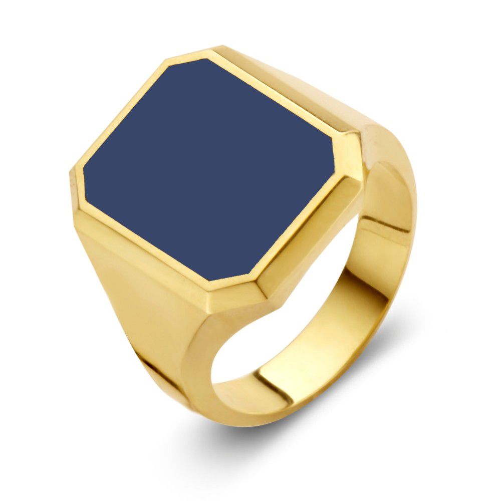 Anello con sigillo in oro giallo massiccio 14 carati con pietra blu.