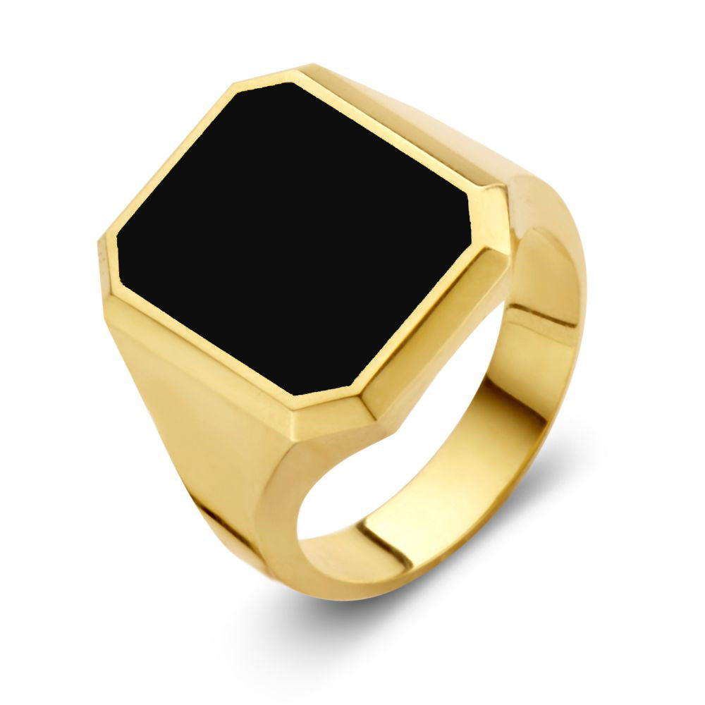 Anello con sigillo in oro giallo massiccio 14 carati con pietra di onice nera, forma ottagonale.