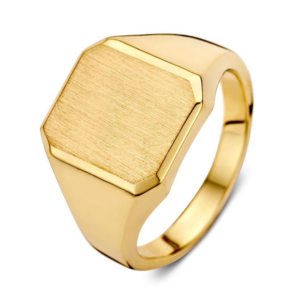 Anello con sigillo in oro giallo 14 carati, design liscio e geometrico.