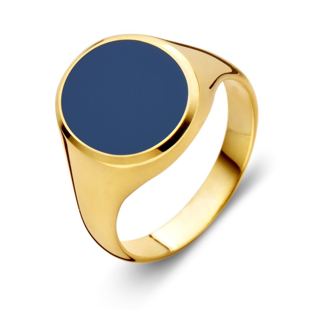 Anello con sigillo in oro giallo 14 carati con pietra blu.