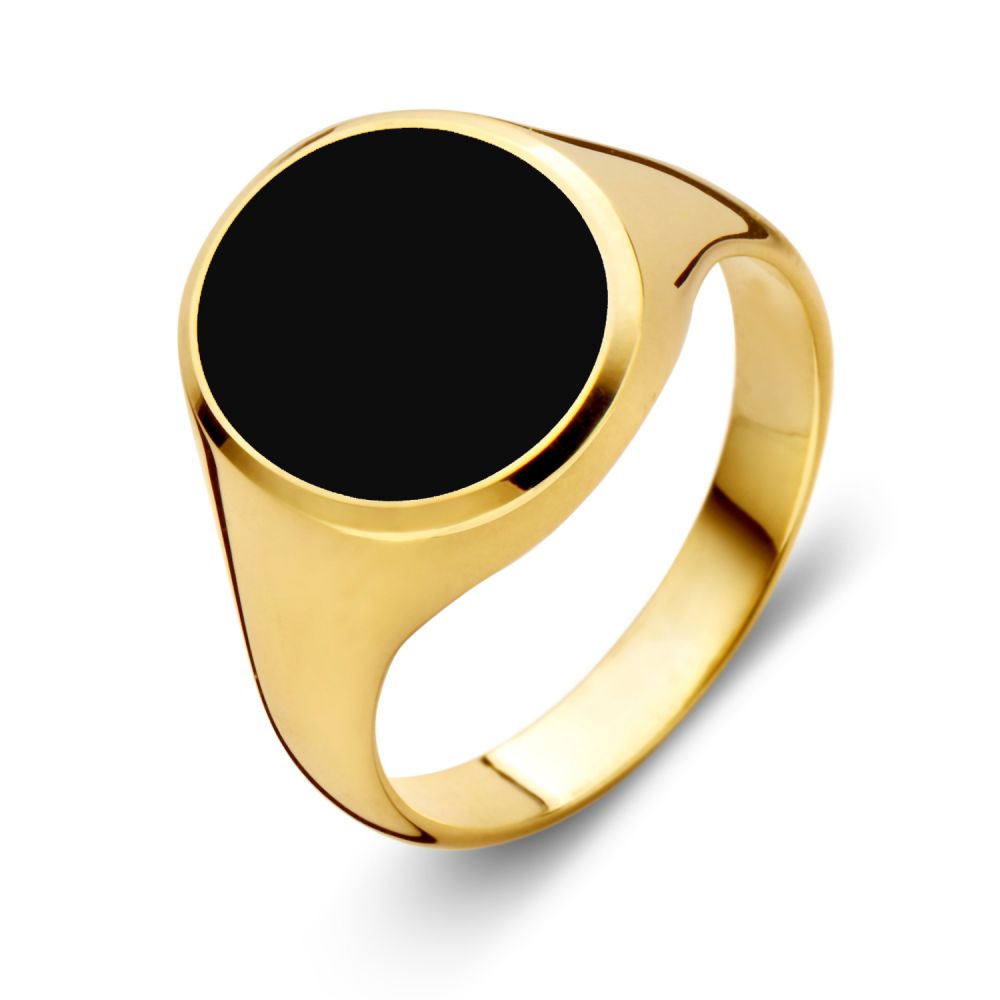 Anello con sigillo in oro giallo massiccio 14 carati con pietra di onice nera.