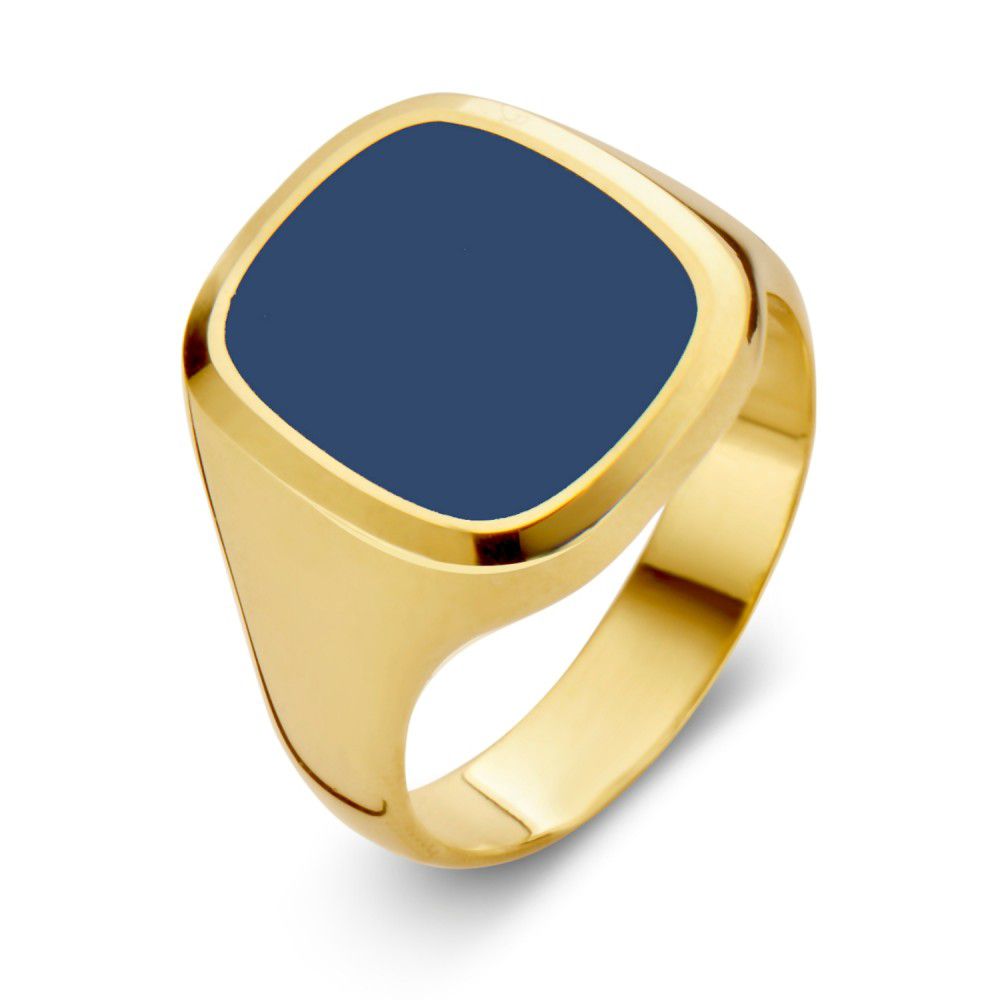 Anello con sigillo in oro giallo 14 carati con pietra blu.