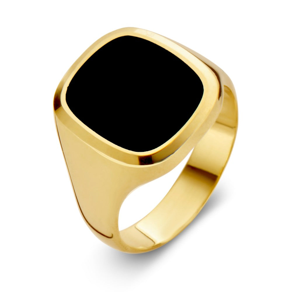 Anello in oro giallo 14 carati con pietra onice nera, forma quadrata e finitura lucida.
