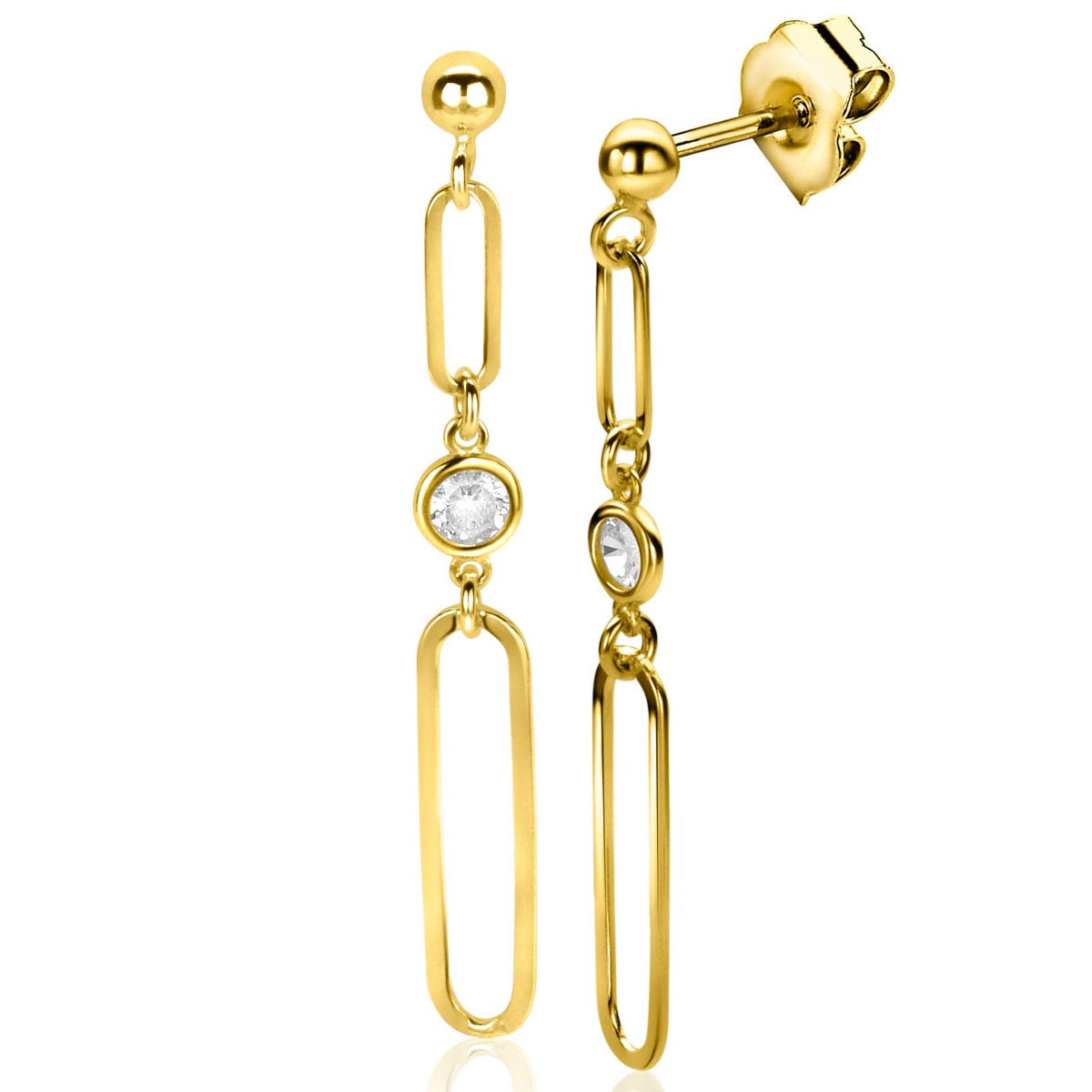 Orecchini in oro giallo placcato con catena e pietre trasparenti.