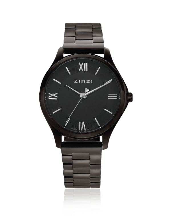 Orologio in acciaio nero con quadrante nero e numeri romani, cinturino a maglia rolò.