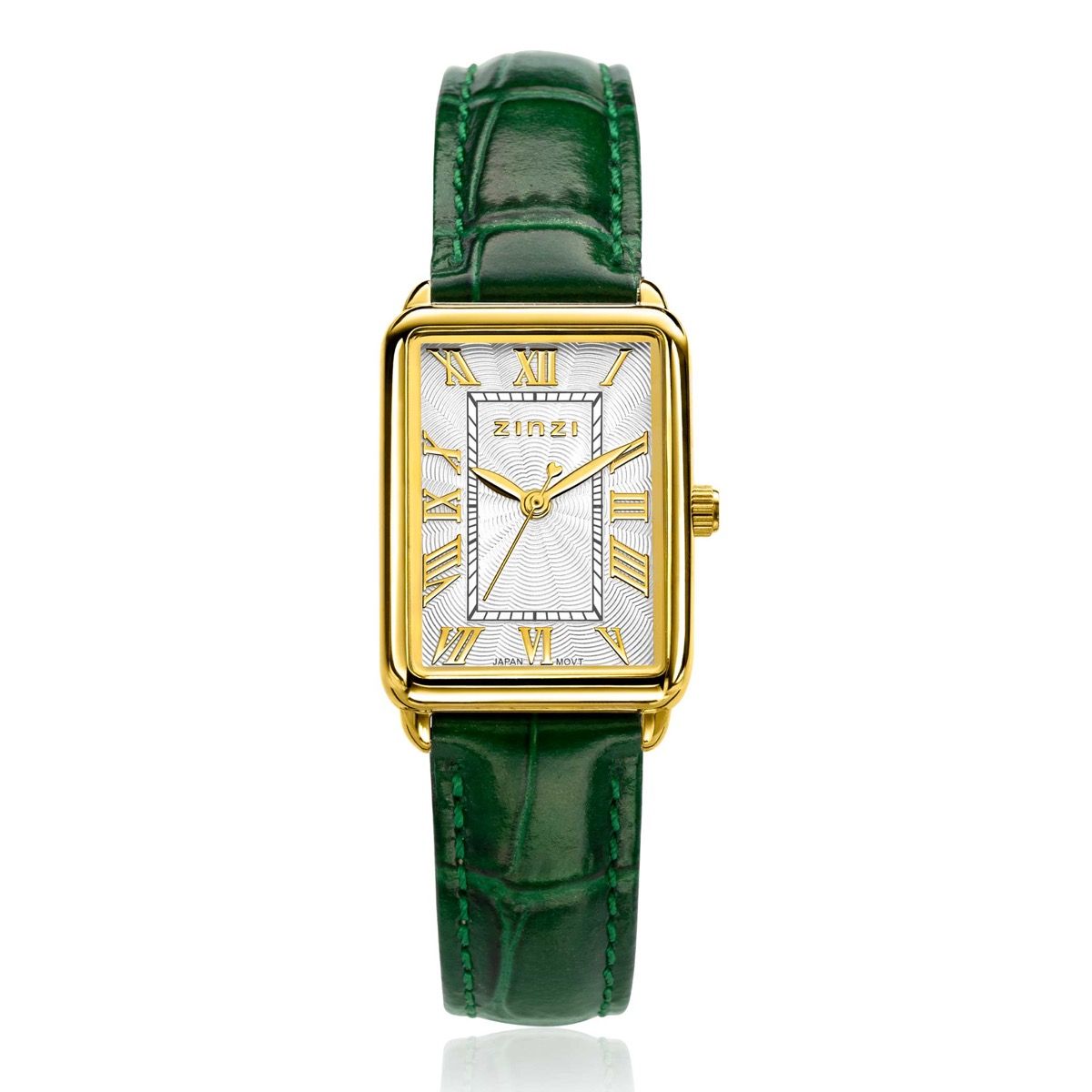 Orologio rettangolare con cassa dorata, quadrante bianco e cinturino verde in pelle.