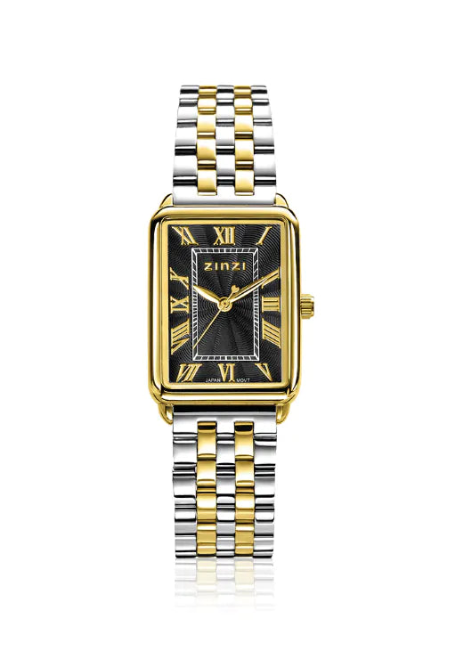Orologio bicolore in acciaio con quadrante nero e dettagli dorati, cassa rettangolare e bracciale a maglia rolò.