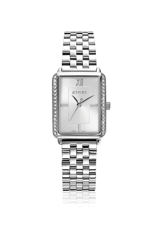 Orologio quadrato in acciaio argentato con cristalli e cinturino a maglia rolò.