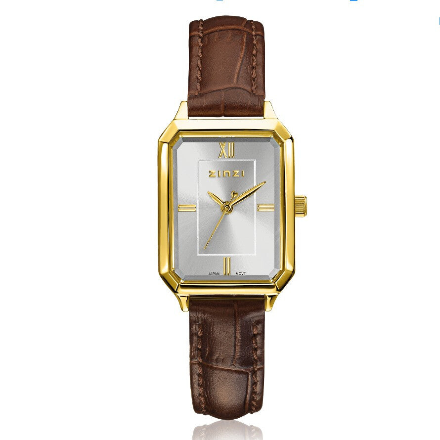 Orologio ZINZI con cassa dorata, quadrante argentato e cinturino in pelle marrone.