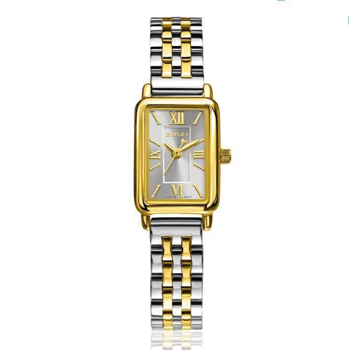 Orologio bicolore ZINZI con cassa rettangolare dorata e cinturino in acciaio argentato.