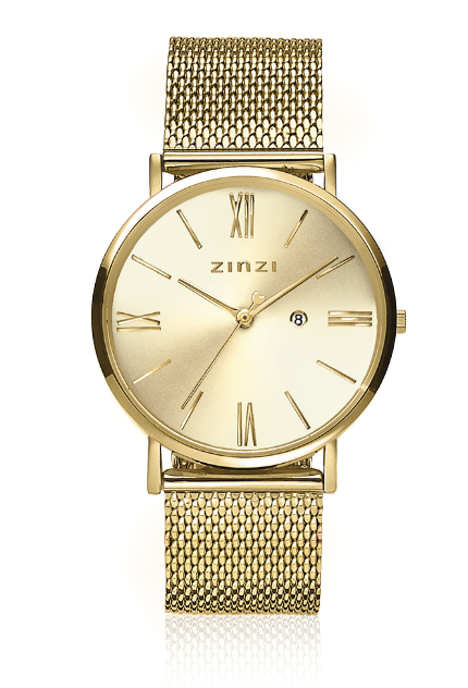 Orologio dorato in acciaio con quadrante lucido e cinturino a maglia.